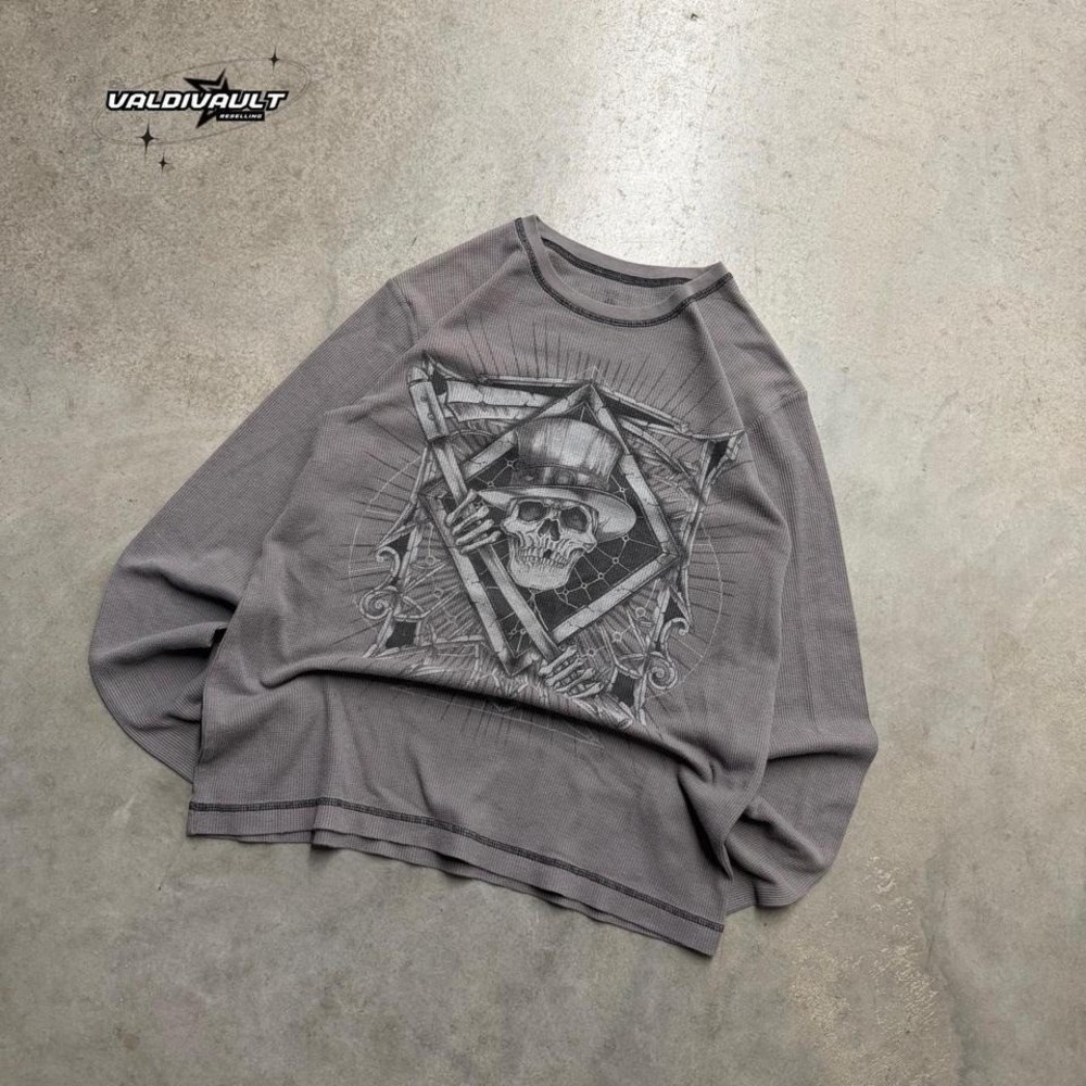 Y2k Affliction Style Grunge Skull Thermal Mens Large Long Sleeve